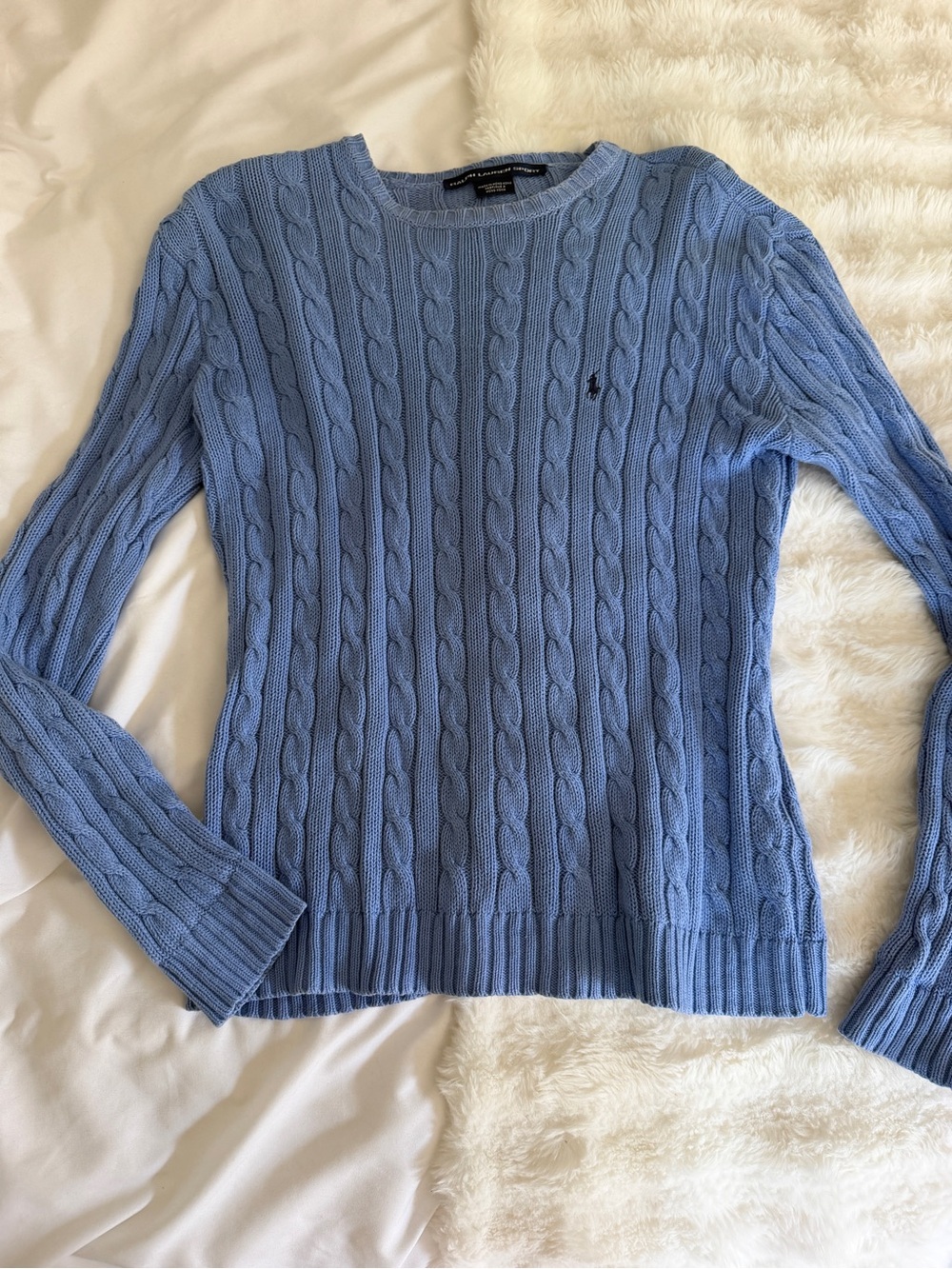 Ralph Lauren Women's Sky Blue Cable Knit Crewneck Sweater